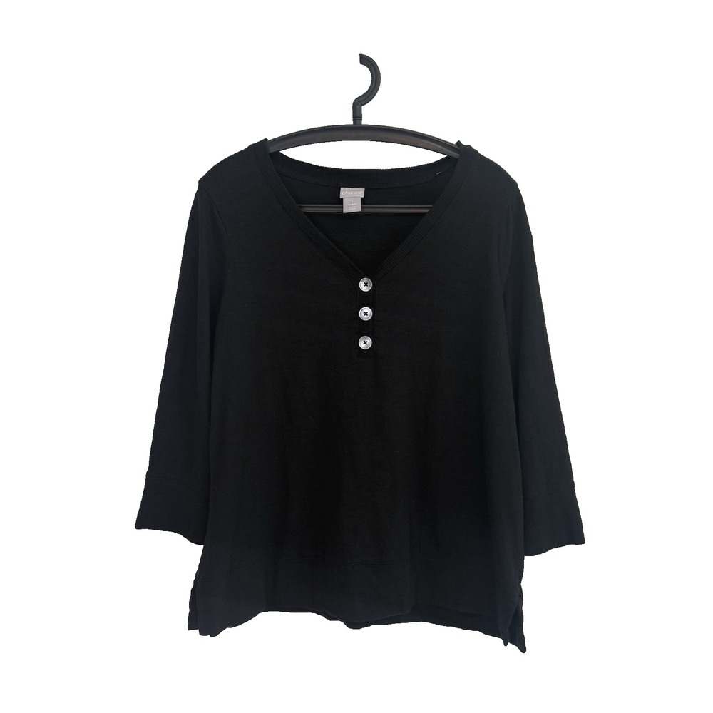 Chicos Black V-Neck Pullover Top Sz 1 (US M) 3/4 Sleeve Casualcore Cozy Comfort